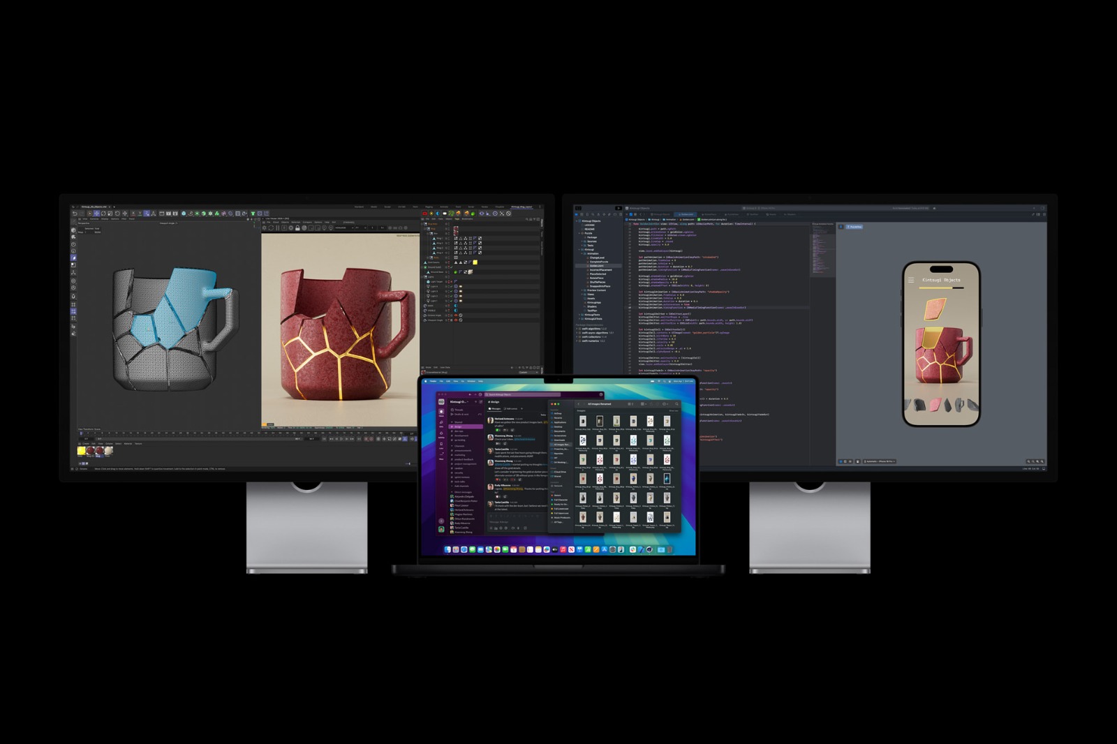تطبيقات على حاسوب MacBook Pro M4 وشاشتين خارجيتين