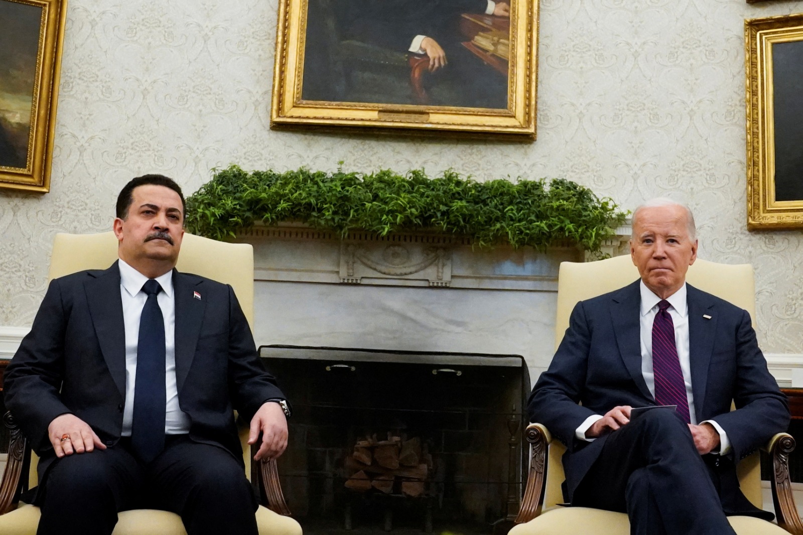 الرئيس الأميركي جو بايدن يجتمع في البيت الأبيض بواشنطن مع رئيس الوزراء العراقي محمد شياع السوداني. 15 أبريل 2024