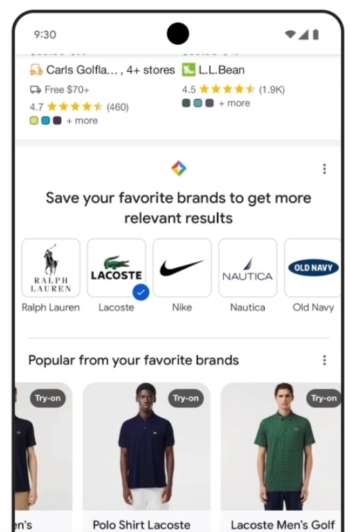 ميزة عرض مقترحات من الملابس من العلامات التجارية المفضلة للمستخدم داخل بحث جوجل