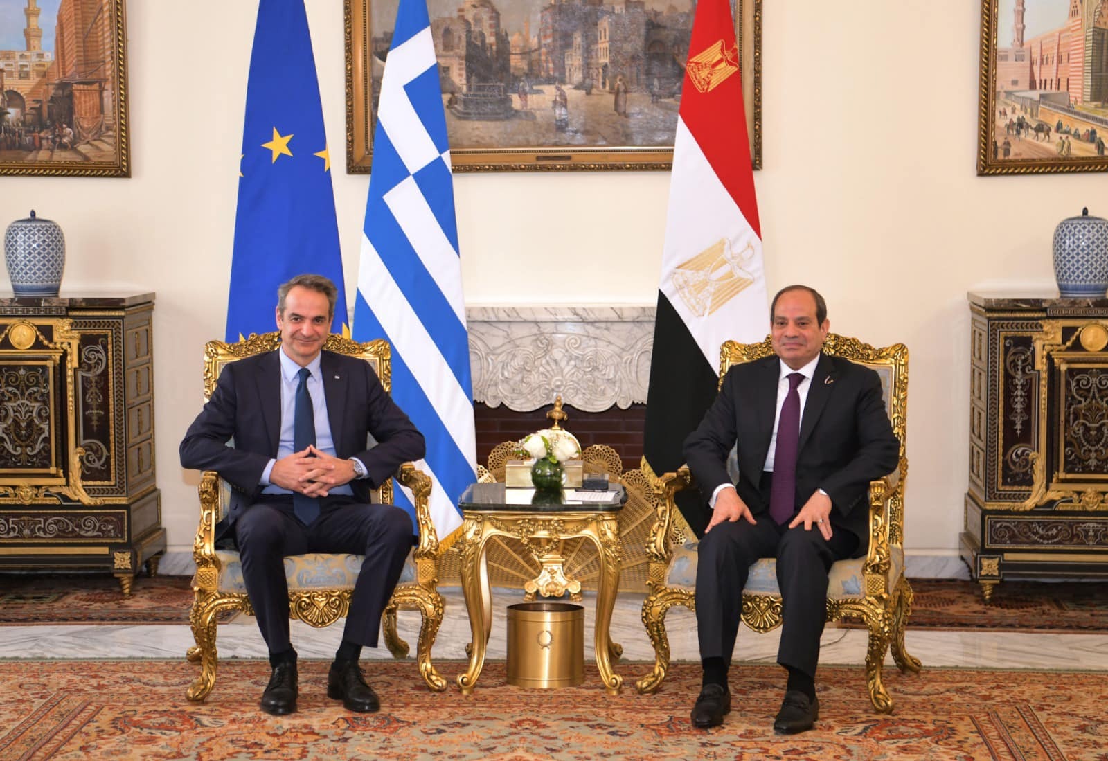 الرئيس المصري عبد الفتاح السيسي يستقبل رئيس وزراء اليونان كيرياكوس ميتسوتاكيس في القاهرة. 17 مارس 2024