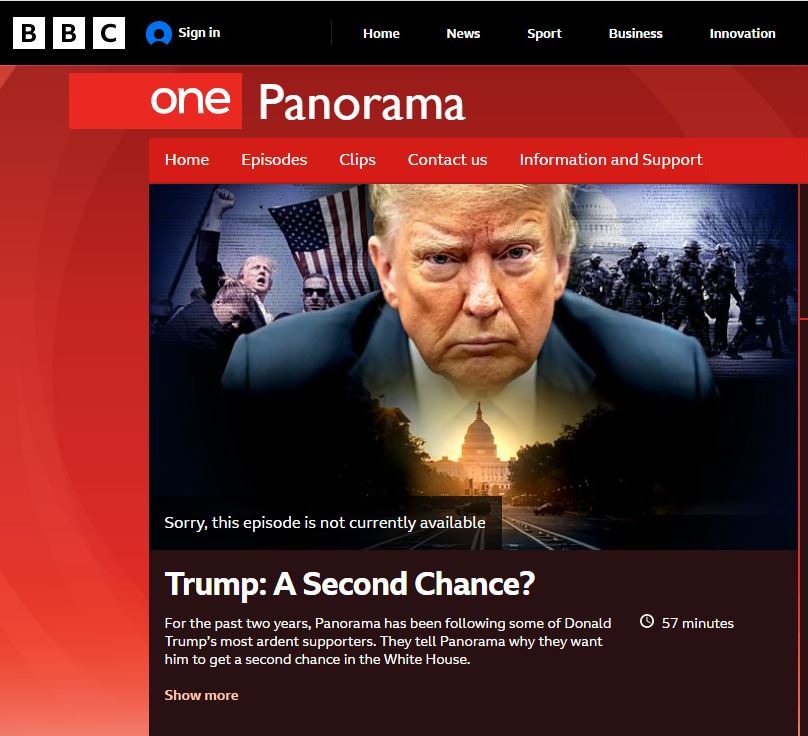 لقطة شاشة من موقع هيئة الإذاعة البريطانية (BBC) تُظهر إزالة الفيلم الوثائقي (بانوراما) للرئيس الأميركي دونالد ترمب من الصفحة الخاصة بالوثائقي المثير للجدل.