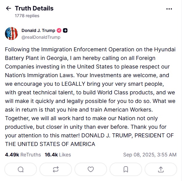 منشور للرئيس دونالد ترمب عبر منصة Truth Social حول احترام قوانين الهجرة في الولايات المتحدة. 08 سبتمبر 2025