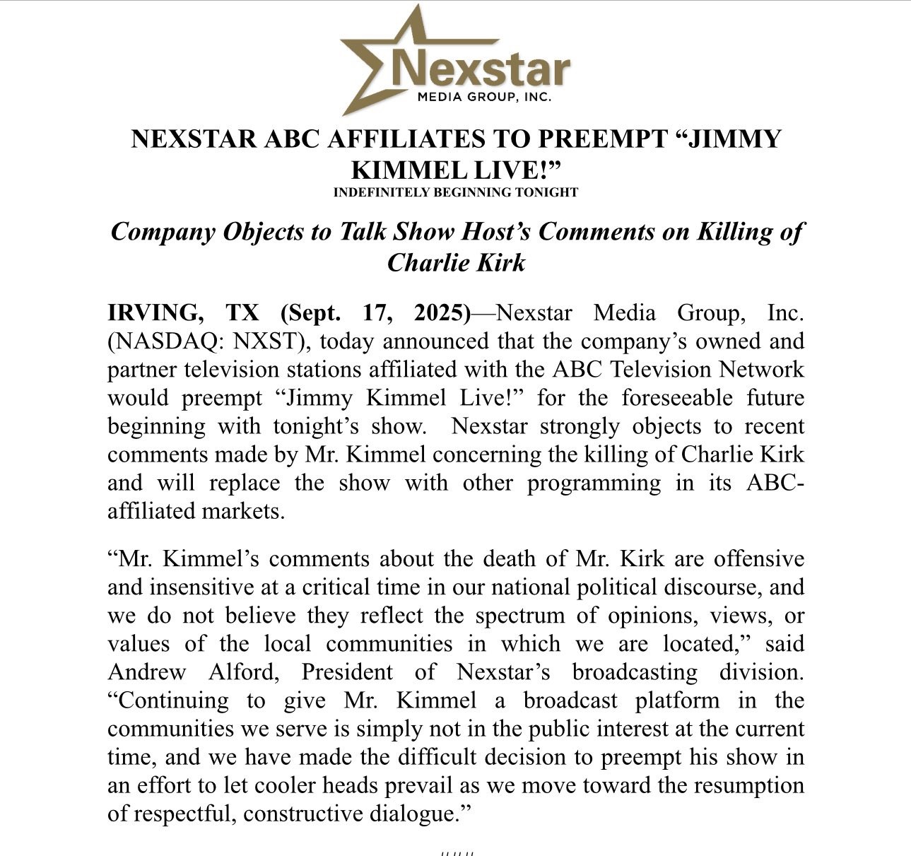 بيان مجموعة NEXT STAR بشأن تعليق برنامج جيمي كيميل