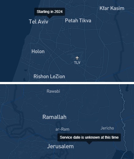 الفرق بين عرض موقع ستارلينك الرسمي للمواعيد المتوقعة لإتاحة الخدمة في تل أبيب (بالأعلى)، وقطاع غزة (بالأسفل)
