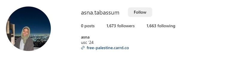 حساب أسنا تبسم على الانستغرام يظهر تعاطفها مع القضية الفلسطينية