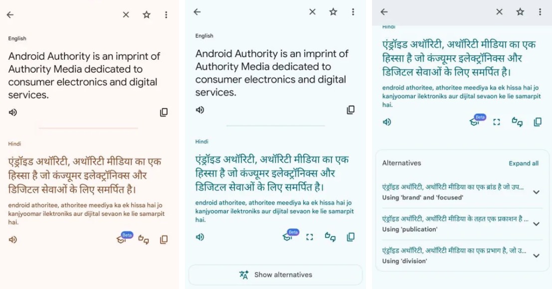 لقطة شاشة لميزة تقديم ترجمات بديلة التي تختبرها خدمة Google Translate من جوجل