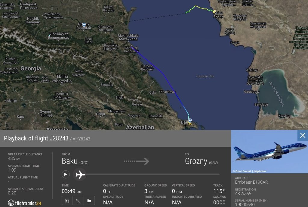 مسار الطائرة التابعة للخطوط الجوية الأذربيجانية كما هو ظاهر على الخريطة