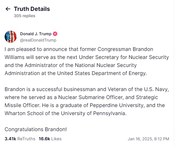 لقطة شاشة من إعلان الرئيس الأميركي المنتخب دونالد ترمب تعيين براندون ويليامز وكيلاً لوزارة الأمن النووي في وزارة الطاقة. 16 يناير 2025