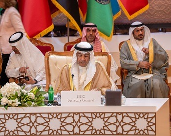 أمين عام مجلس التعاون الخليجي جاسم محمد البديوي يتحدث خلال الدورة 27 للمجلس الوزاري المشترك بين مجلس التعاون والاتحاد الأوروبي في سلطنة عمان. 10 أكتوبر 2023