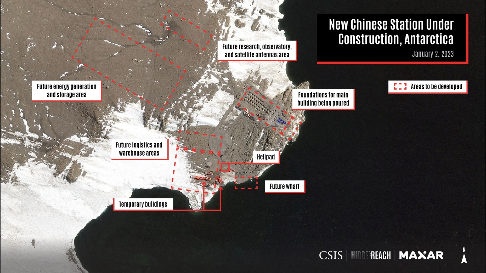 صورة بالأقمار الاصطناعية نشرها مركز الدراسات الاستراتيجية والدولية CSIS تظهر المحطة الصينية الجديدة قيد الإنشاء في جزيرة إنيكسبريسيبل بالقارة القطبية الجنوبية. 2 يناير 2023
