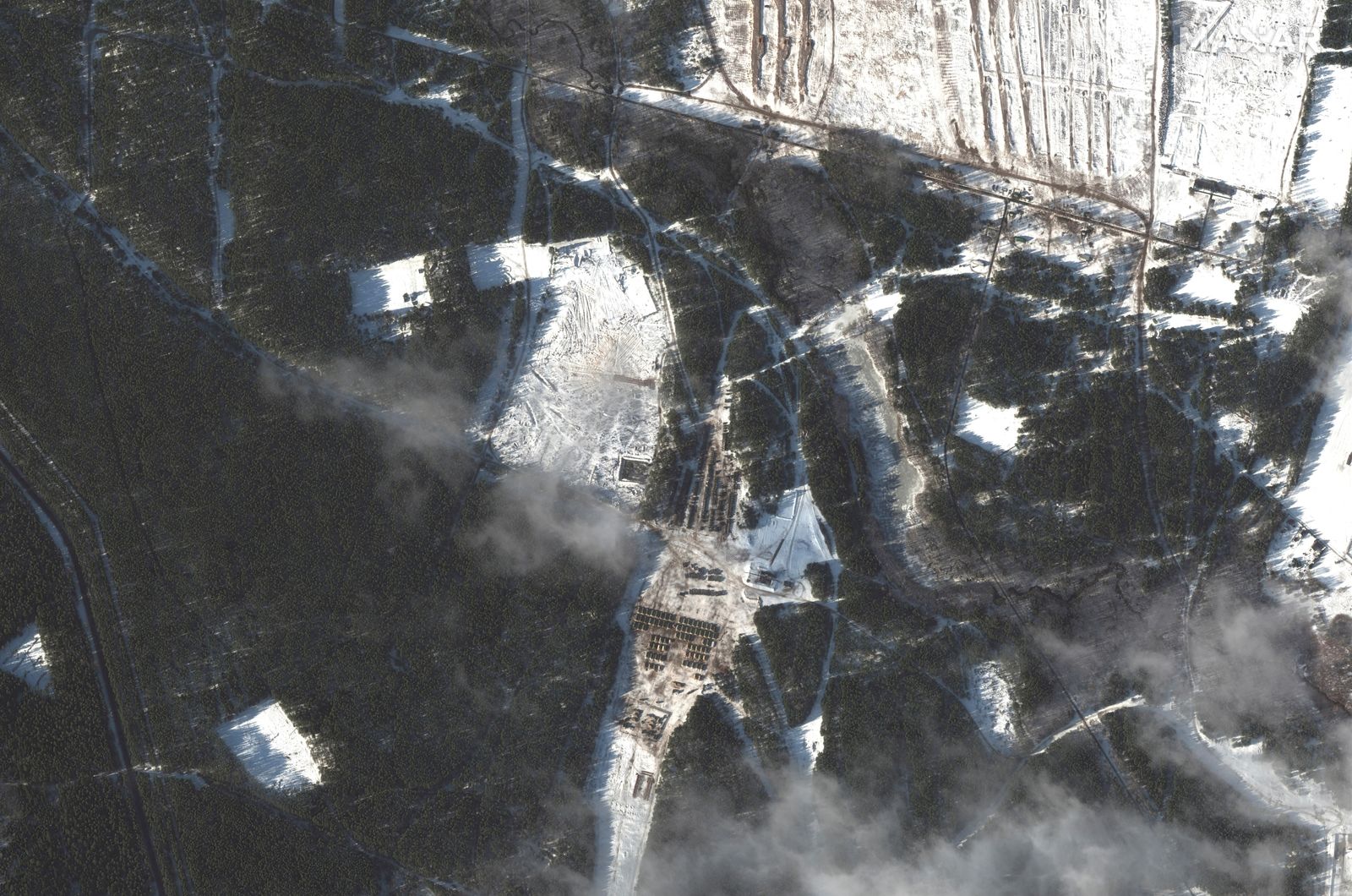 An overview of troops at the Lesnovsky training area, near Baranovichi, Belarus, is seen in this Maxar satellite image taken on January 29, 2022 - via REUTERS