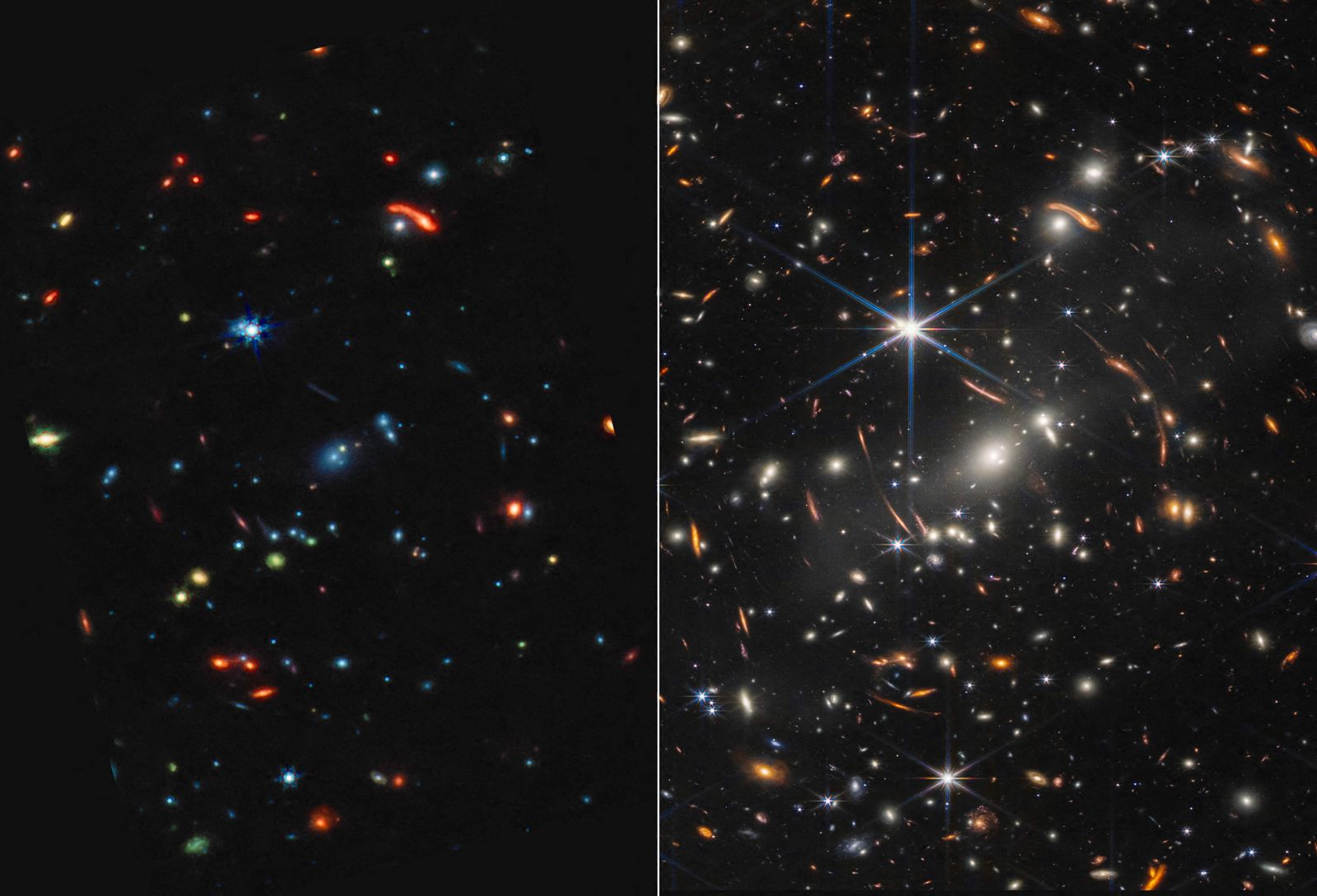 In this comparison image released by NASA on July 12, 2022, shows the shows invisible near- and mid-infrared wavelengths of light that have been translated into visible-light colors, one the first images taken by the James Webb Space Telescope (JWST). - The JWST is the most powerful telescope launched into space and it reached its final orbit around the sun, approximately 930,000 miles from Earths orbit, in January, 2022. The technological improvements of the JWST and distance from the sun will allow scientists to see much deeper into our universe with greater detail. (Photo by Handout / NASA / AFP) / RESTRICTED TO EDITORIAL USE - MANDATORY CREDIT 