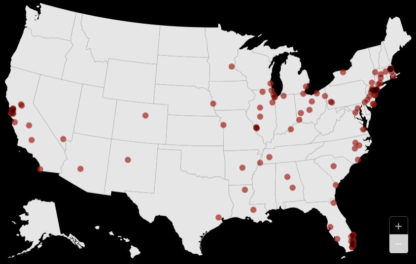 مناطق انتشار مستشعرات نظام ShotSpotter لرصد أصوات الأعيرة النارية - شوت سبوتر