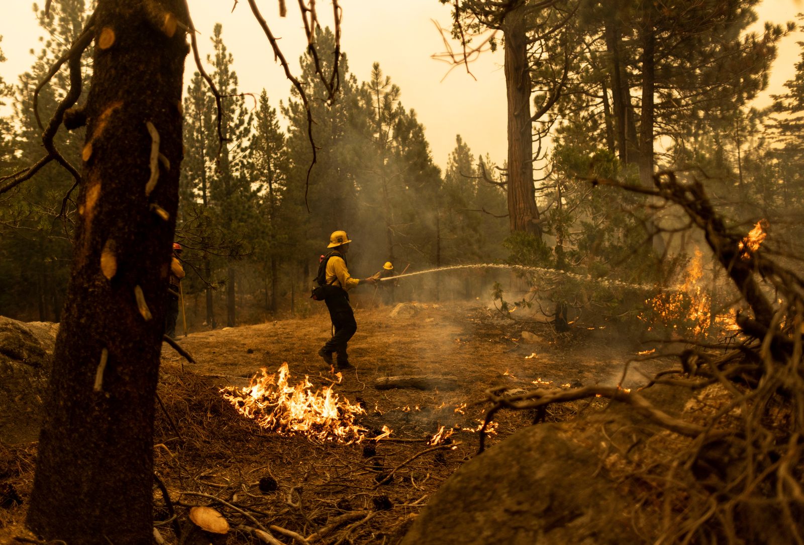 رجال الإطفاء يرشون الماء لإخماد النار خلال الحرائق التي طالت كاليفورنيا- 31 أغسطس 2021 - REUTERS
