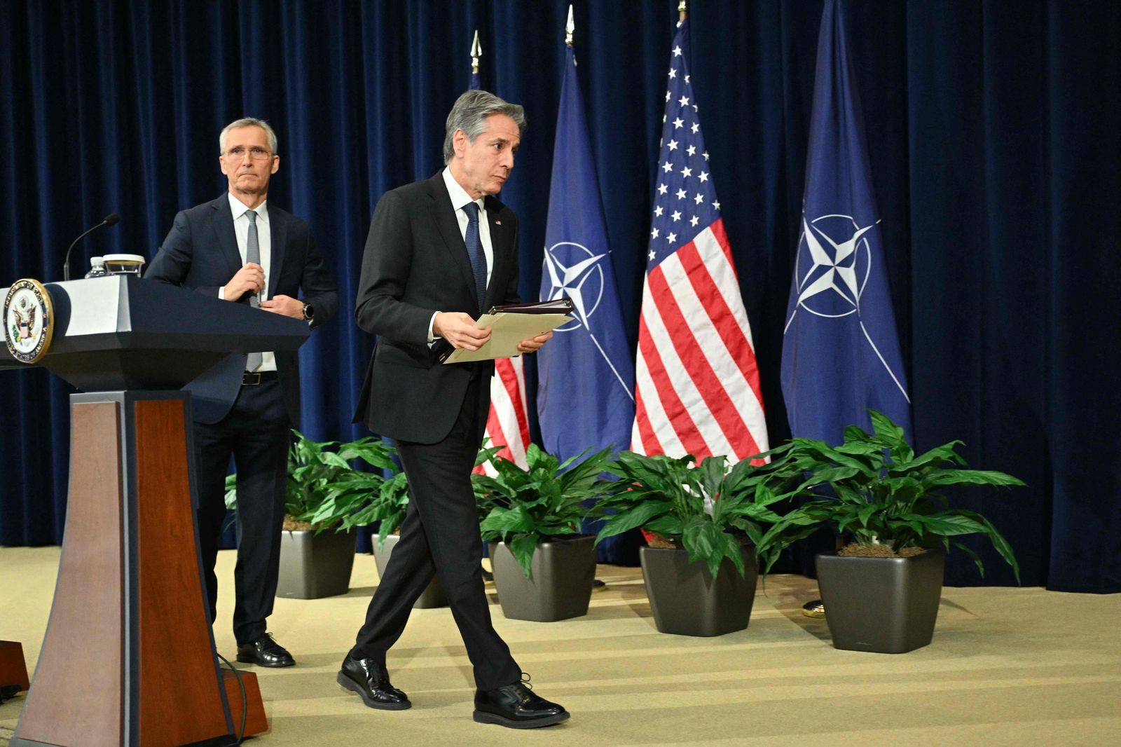 US Secretary of State Antony Blinken and NATO Secretary General Jens Stoltenberg leave after holding a joint press conference at the State Department in Washington, DC, on January 29, 2024. US Secretary of State Antony Blinken on Monday issued a dire warning that Ukraine's territorial gains against Russia were at risk without new aid approved by Congress. (Photo by Mandel NGAN / AFP)