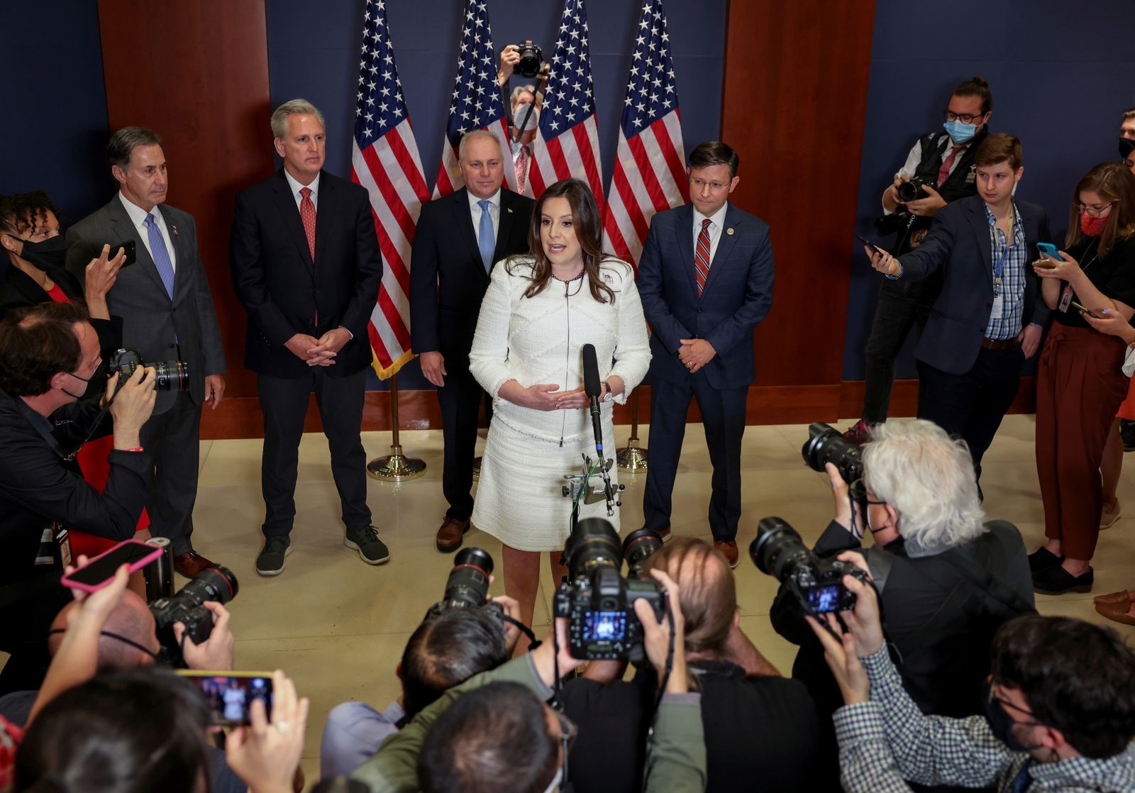 Rep. Stefanik (R-NY) speaks with the media after the Republican caucus meeting, in Washington - REUTERS