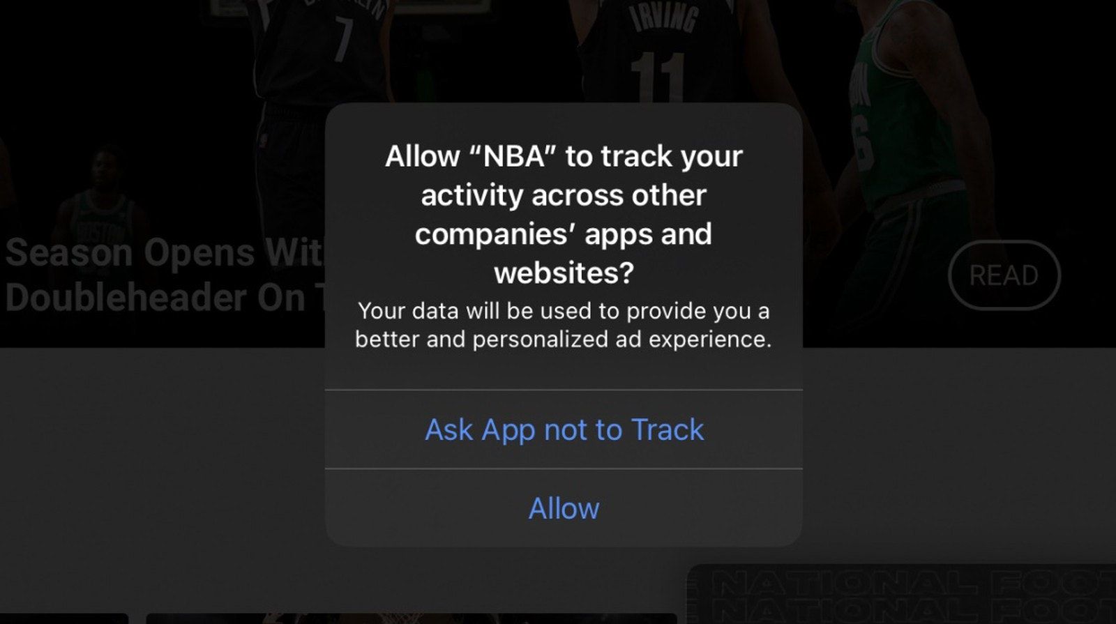 تطبيق دوري كرة السلة الأميركية للمحترفين NBA يطلب إذن جمع بيانات استخدام التطبيقات والمواقع الإلكترونية على هواتف آيفون - ماك رامورز