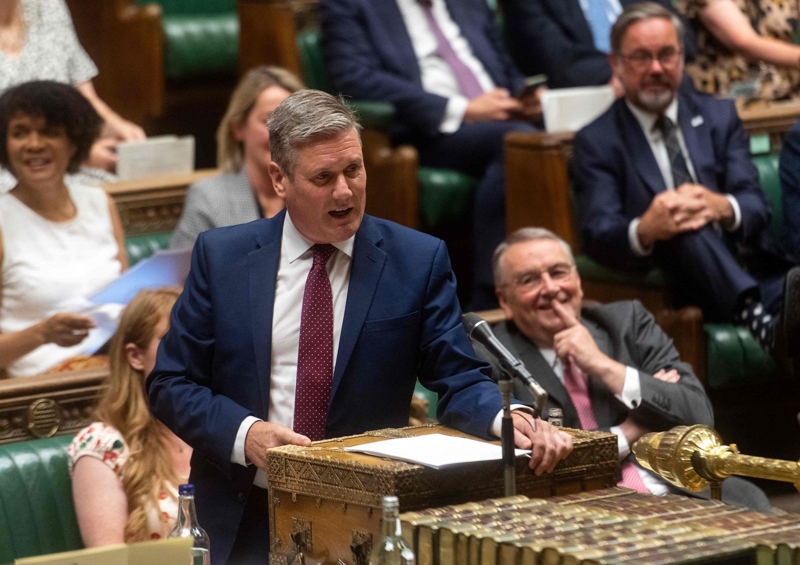 A handout photograph released by the UK Parliament shows Britain's leader of the opposition Labour party Keir Starmer speaking during a debate ahead of a confidence vote in the ruling Conservative government, in the House of Commons in London on July 18, 2022. (Photo by Andy Bailey / UK PARLIAMENT / AFP) / RESTRICTED TO EDITORIAL USE - NO USE FOR ENTERTAINMENT, SATIRICAL, ADVERTISING PURPOSES - MANDATORY CREDIT 