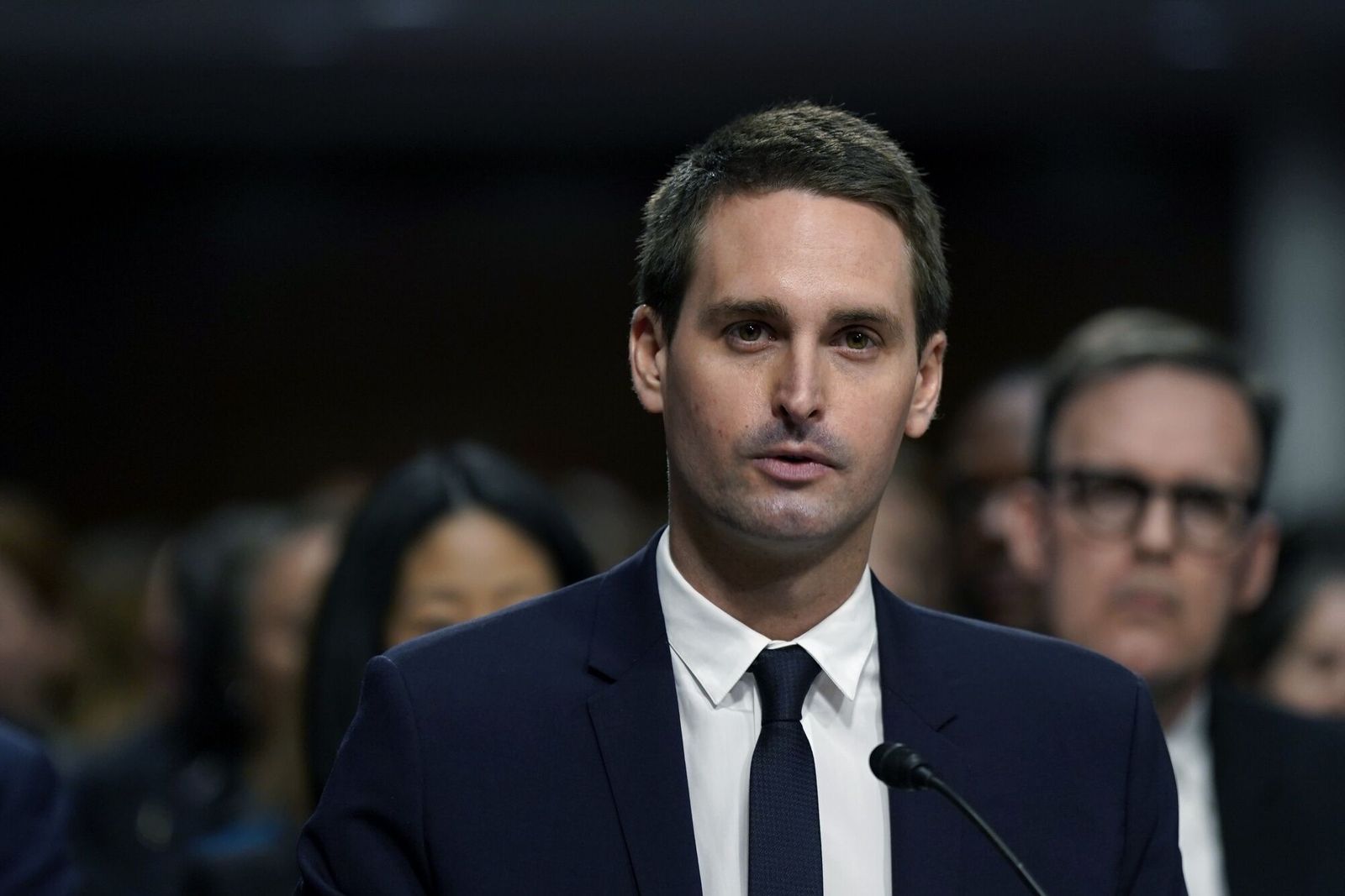 Evan Spiegel, co-founder and chief executive officer of Snap Inc., during a Senate Judiciary Committee hearing in Washington, DC, US, on Wednesday, Jan. 31, 2024. Congress has increasingly scrutinized social media platforms as growing evidence suggests that excessive use and the proliferation of harmful content may be damaging young people's mental health. Photographer: Kent Nishimura/Bloomberg