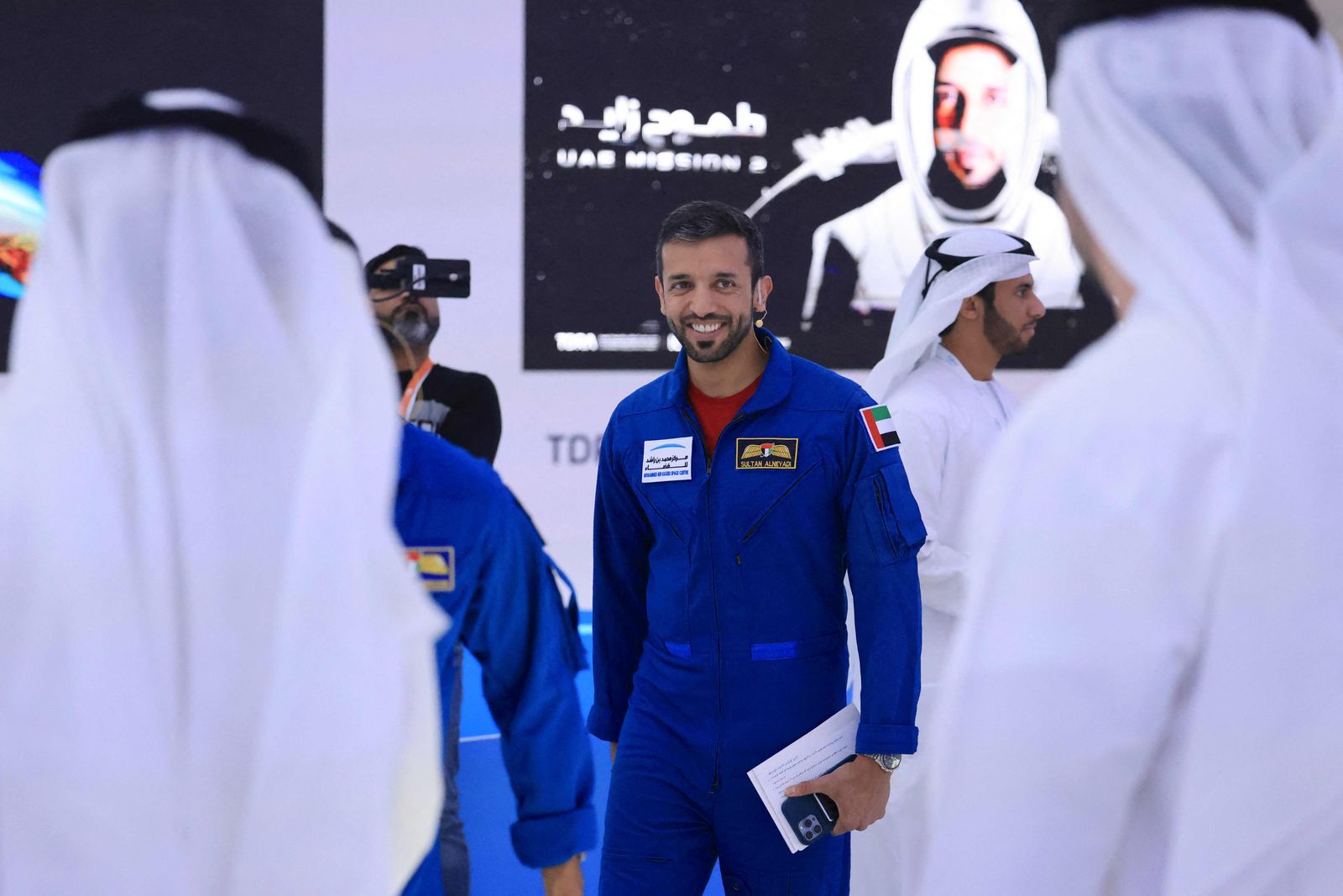 UAE astronaut Sultan AlNeyadi arrives to give a press conference at the Museum of the Future in the Gulf emirate of Dubai, on February 2, 2023. - AlNeyadi, 41, dubbed the 