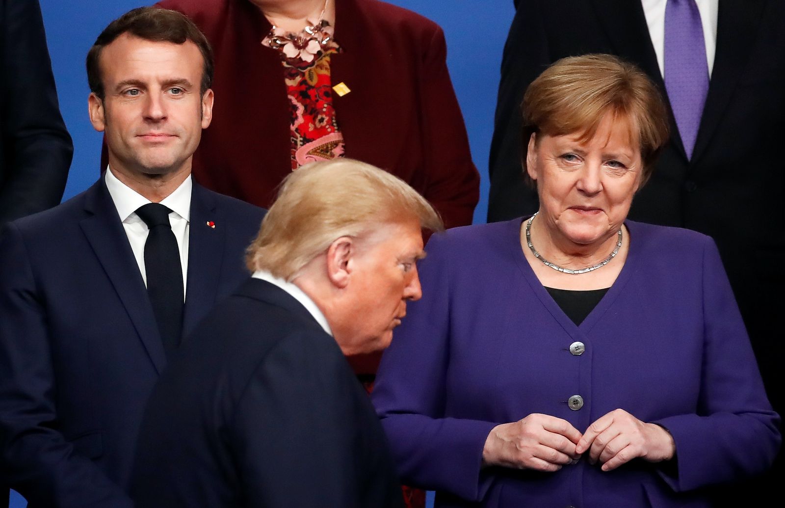 قمة حلف الناتو في واتفورد تظهر فيها المستشارة الألمانية أنغيلا ميركل والرئيس الفرنسي إيمانويل ماكرون والرئيس الأميركي دونالد ترامب, REUTERS