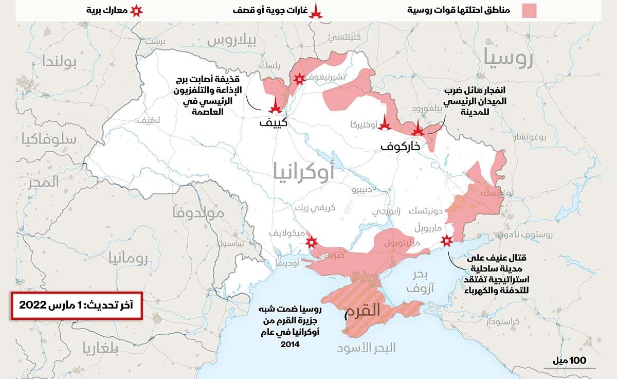 خريطة تظهر تحركات القوات الروسية في أوكرانيا