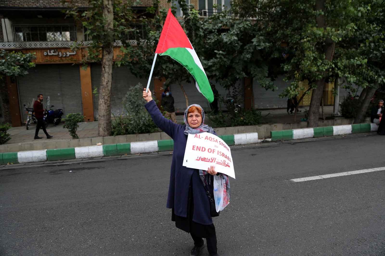 سيدة ترفع علم فلسطين خلال مسيرة مؤيدة للفلسطينيين في طهران. 13 أكتوبر 2023