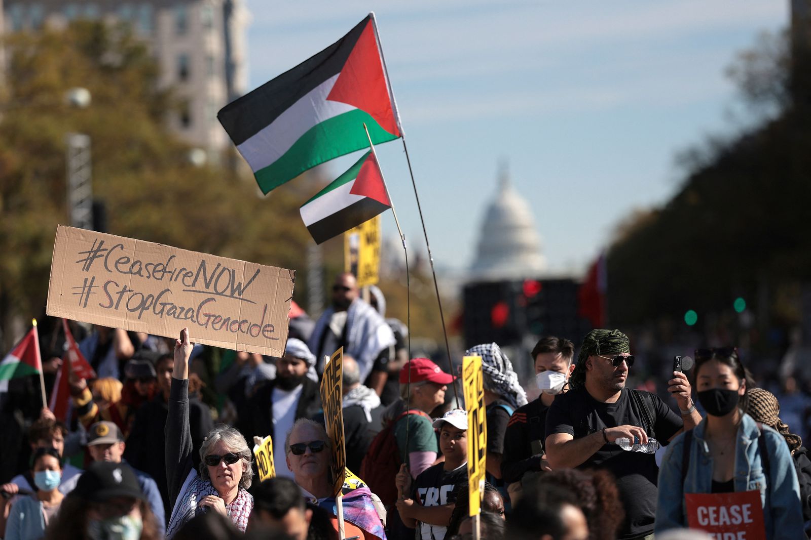 WASHINGTON, DC - NOVEMBER 04: Protesters gather in Freedom Plaza during the National March on Washington for Palestine while calling for a ceasefire between Israel and Hamas on November 4, 2023 in Washington, DC. Israeli Prime Minister Benjamin Netanyahu has stated that there will be no ceasefire or pause in hostilities in the Gaza Strip until all hostages held by Hamas are released.   Win McNamee/Getty Images/AFP (Photo by WIN MCNAMEE / GETTY IMAGES NORTH AMERICA / Getty Images via AFP)