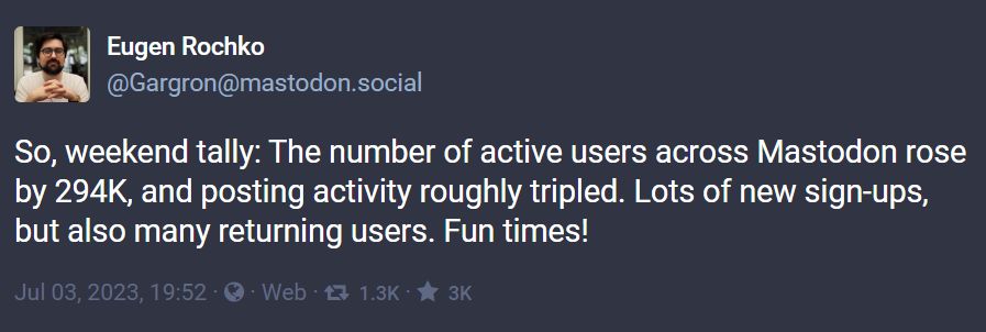 منشور يوجين روكو، مؤسس ومدير ماستودون، حول ارتفاع معدل الاستخدام اليومي للمنصة - Mastodon/Eugen Rocko