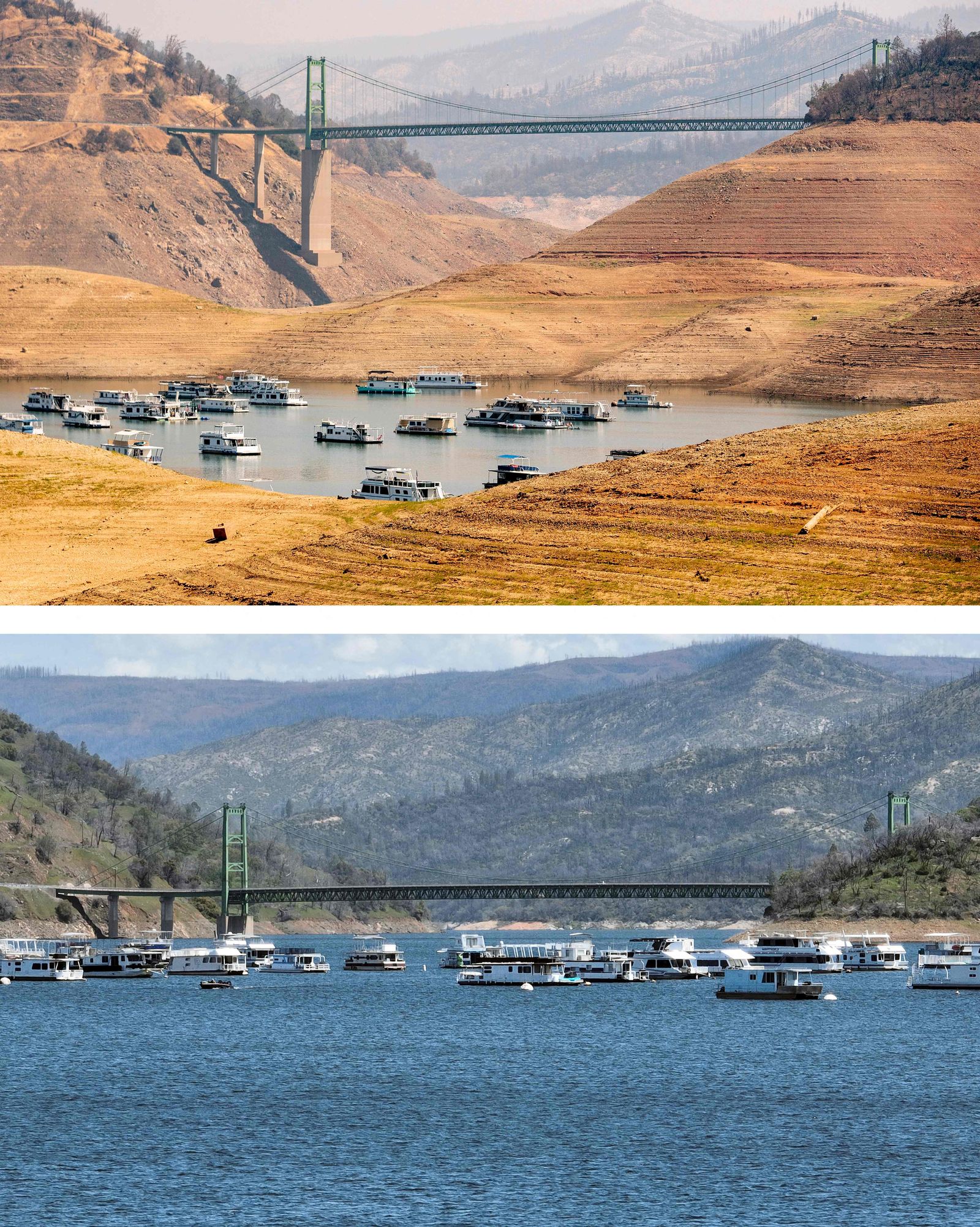 This combination photo created on April 17, 2023, shows boats parked on Lake Oroville near the Bidwell Bar Bridge in Oroville, California, on September 05, 2021 (top) and on April 16, 2023 (below). - A very wet winter has left California's reservoirs looking healthier than they have for years, as near-record rainfall put a big dent in a lengthy drought.
A series of atmospheric rivers -- high altitude ribbons of moisture -- chugged into the western United States, dousing a landscape that had been baked dry by years of below-average rain. (Photo by JOSH EDELSON / AFP) - AFP