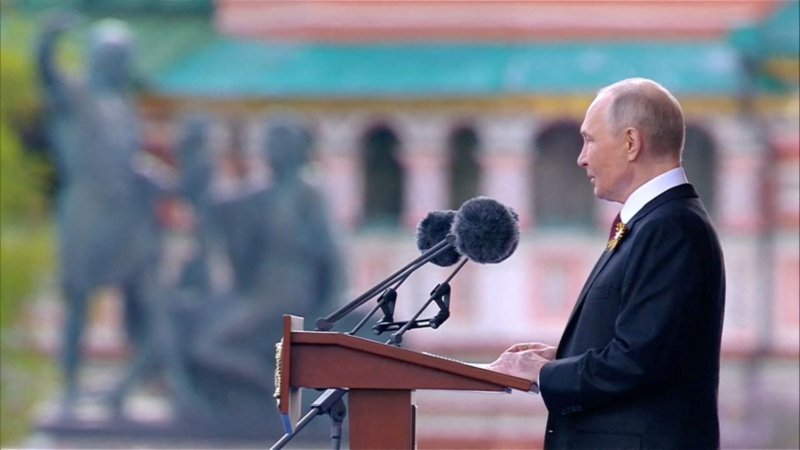 Russian President Vladimir Putin delivers a speech during a military parade on Victory Day, marking the 80th anniversary of the victory over Nazi Germany in World War Two, in Red Square in central Moscow, Russia, May 9, 2025, in this still image taken from video. Kremlin.ru/Handout via REUTERS ATTENTION EDITORS - THIS IMAGE WAS PROVIDED BY A THIRD PARTY. MANDATORY CREDIT.