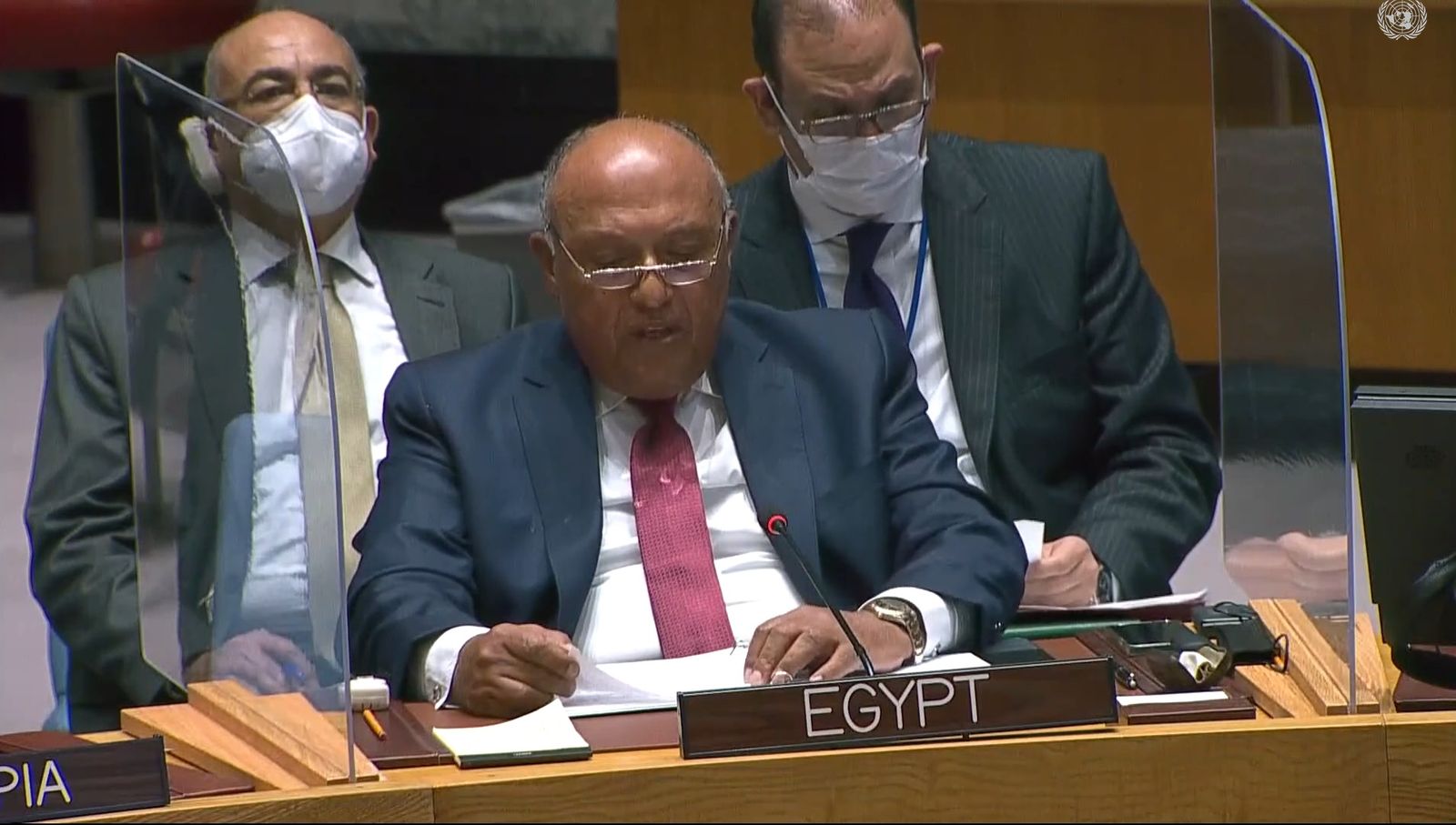 وزير الخارجية المصري سامح شكري يلقي كلمة خلال جلسة مجلس الأمن الدولي لبحث قضية سد النهضة. 8 يوليو 2021.