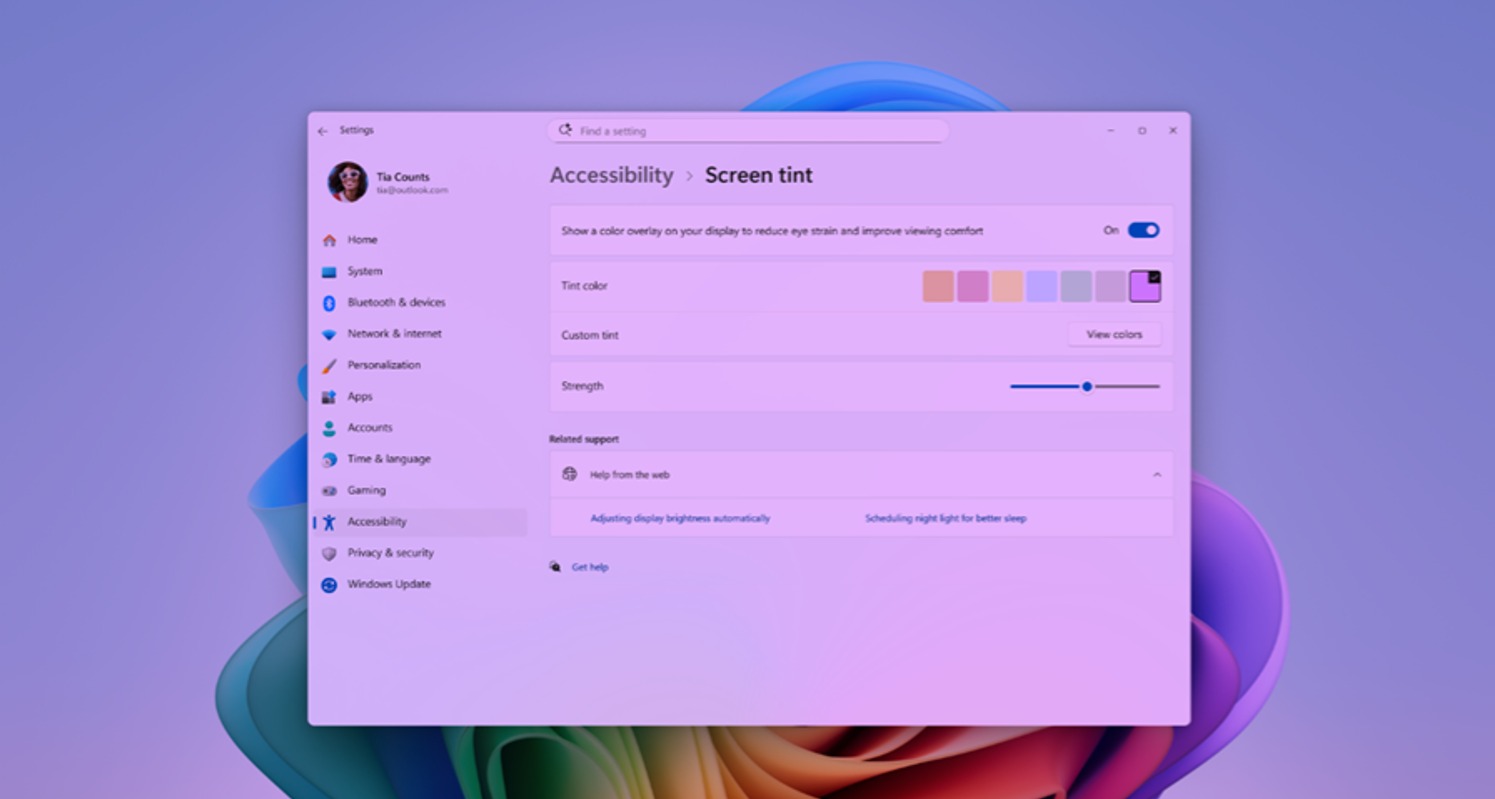 لقطة شاشة تظهر الميزة الجديدة Screen Tint على حواسيب Windows التي تهدف لحماية العين- Microsoft