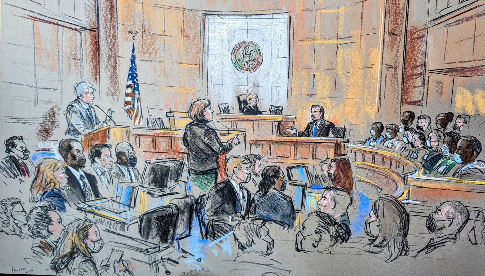 Courtroom sketch shows actor Leo DiCaprio testifying in the trial of rapper Prakazrel 