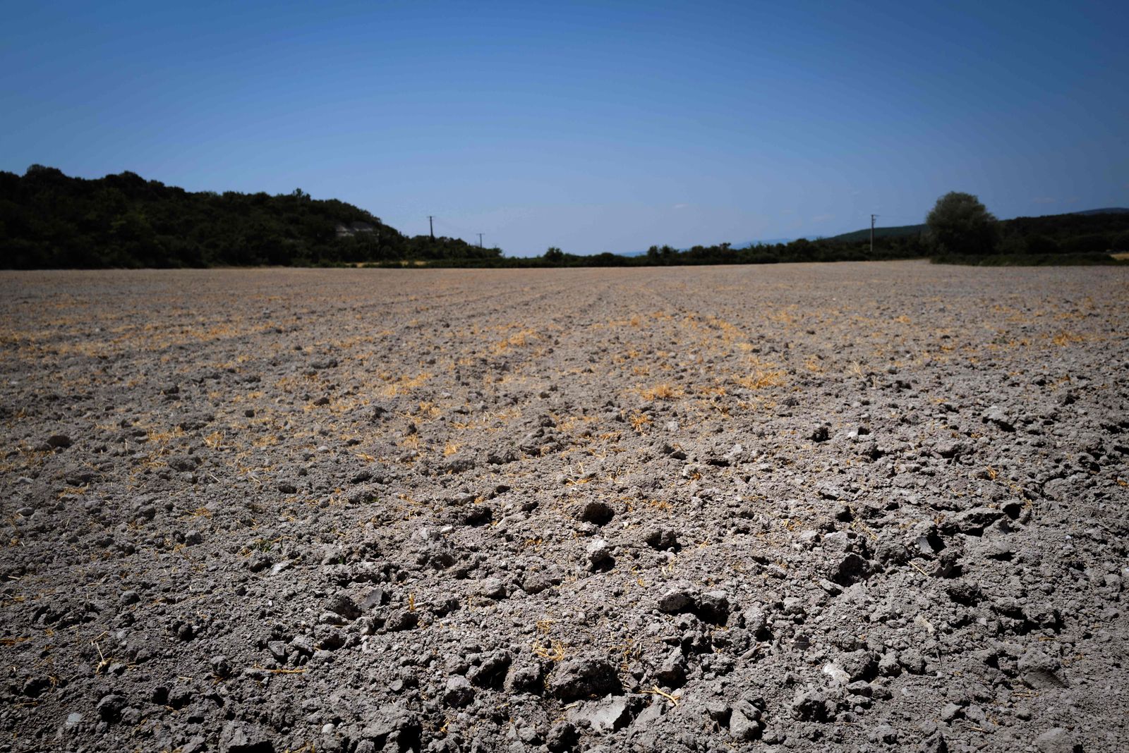 A picture taken on June 19, 2022, shows a dried-up field in Grignan, south-western France as a heatwave broke records in France. - Spain, France and other western European nations sweltered over the weekend under a blistering June heatwave, with some wildfires still blazing even as the weather began to ease. The soaring temperatures were in line with scientists' predictions that such phenomena will now strike earlier in the year thanks to global warming. (Photo by OLIVIER CHASSIGNOLE / AFP) - AFP