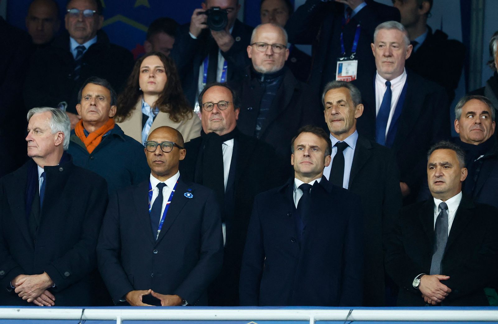 Soccer Football - Nations League - Group Stage - France v Israel - Stade de France, Saint-Denis, France  - November 14, 2024 Former Minister Manuel Valls, former President's of France Francois Hollande and Nicolas Sarkozy, former president of the regional council of Hauts-de-France Xavier Bertrand, Prime minister Michel Barnier, France Football Federation president Philippe Diallo, French President Emmanuel Macron in the stands before the match REUTERS/Christian Hartmann