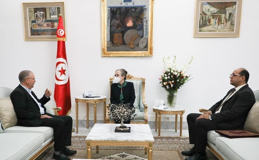 رئيسة الحكومة التونسية نجلاء بودن تستقبل الأمين العام للاتحاد العام للشغل نور الدين الطبوبي (يسار) - 28 أكتوبر 2021 - facebook.com/Presidencedugouvernementtunisien