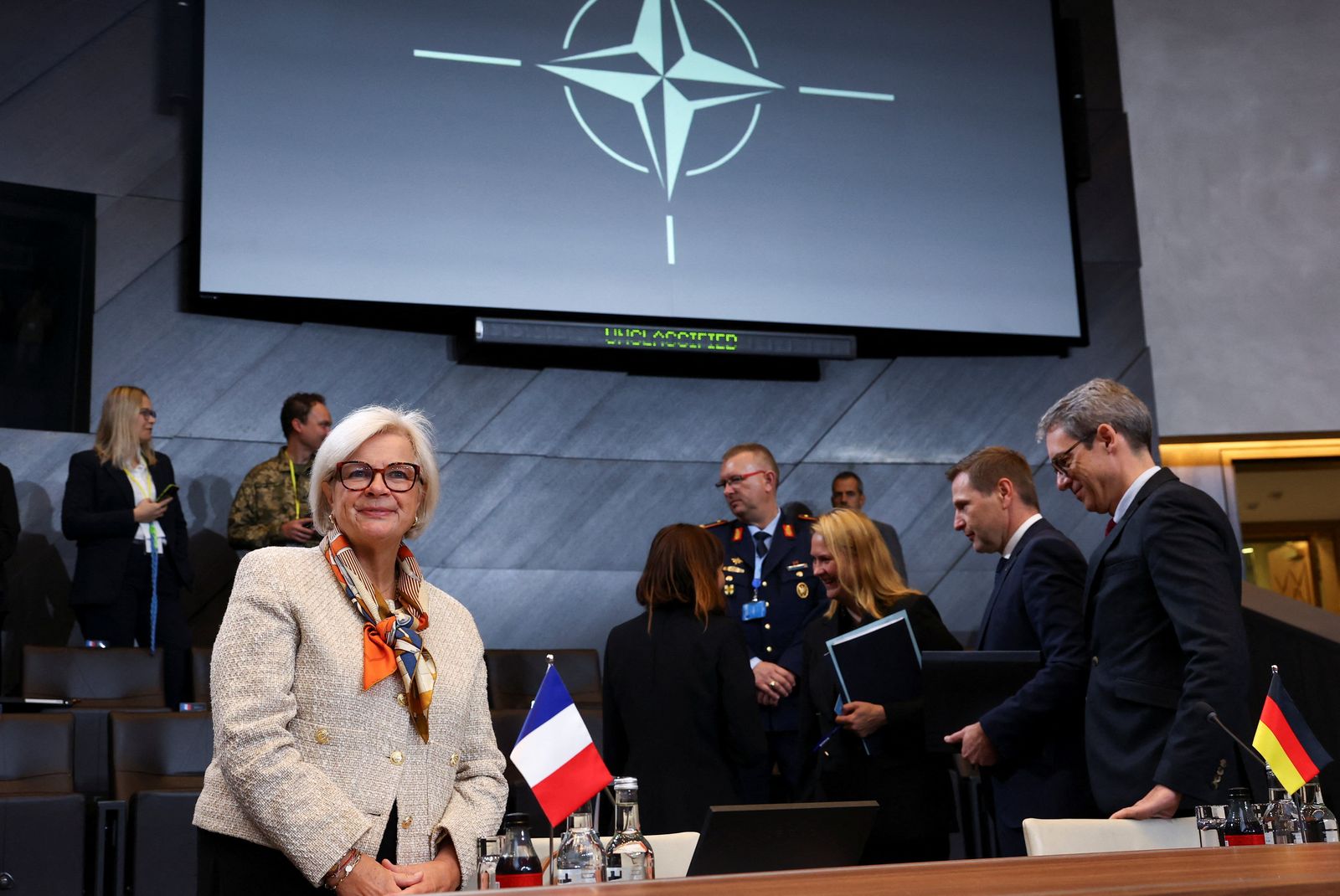 French Defence Minister Catherine Vautrin attends a meeting of NATO Defence Ministers at the Alliance headquarters in Brussels, Belgium October 15, 2025. REUTERS/Yves Herman