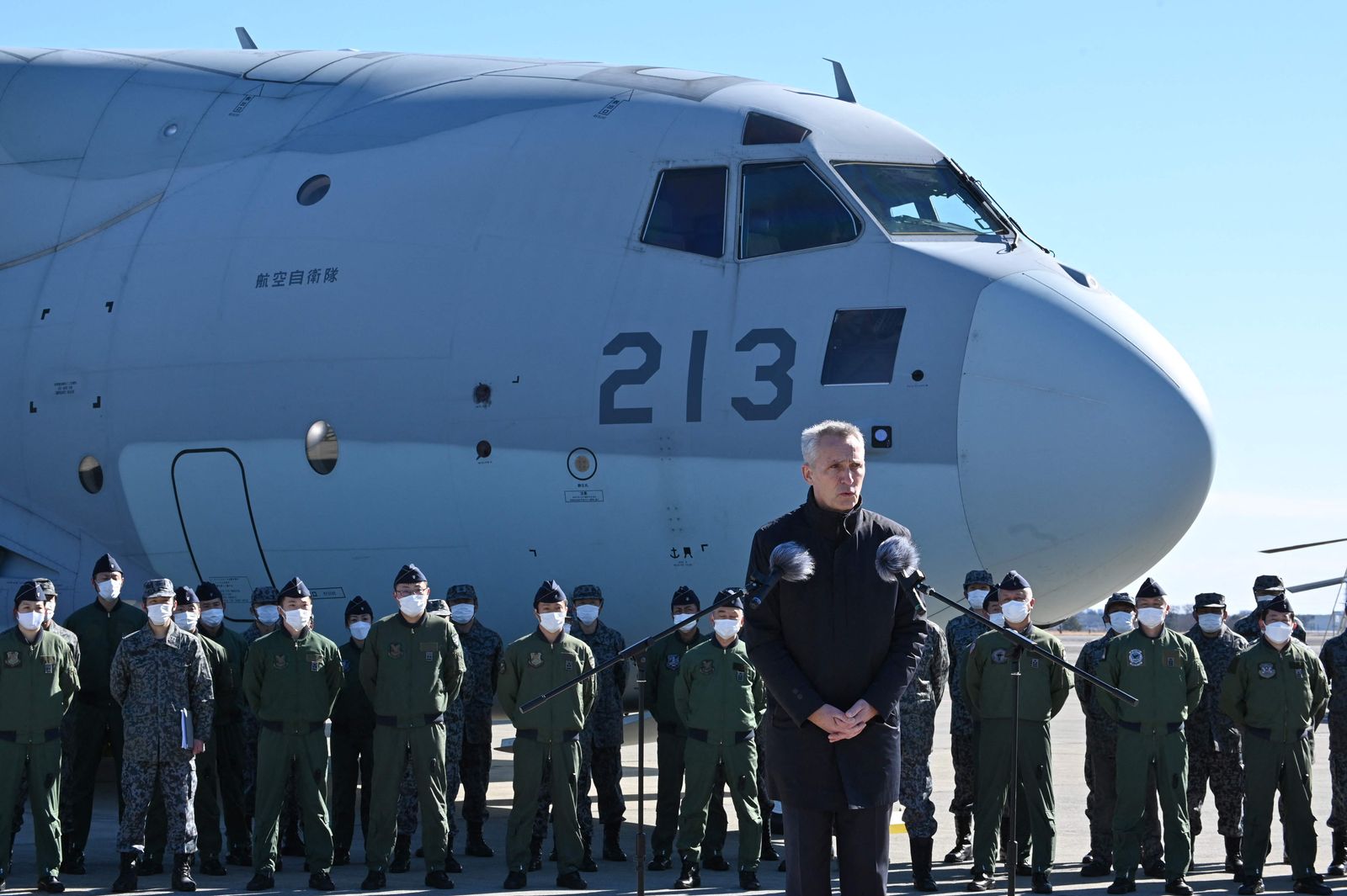 NATO Secretary General Jens Stoltenberg delivers a speech as he visits Iruma Air Base, a Japanese Air Self-Defense Force base in Sayama, Saitama Prefecture on January 31, 2023. (Photo by Kazuhiro NOGI / AFP) - AFP