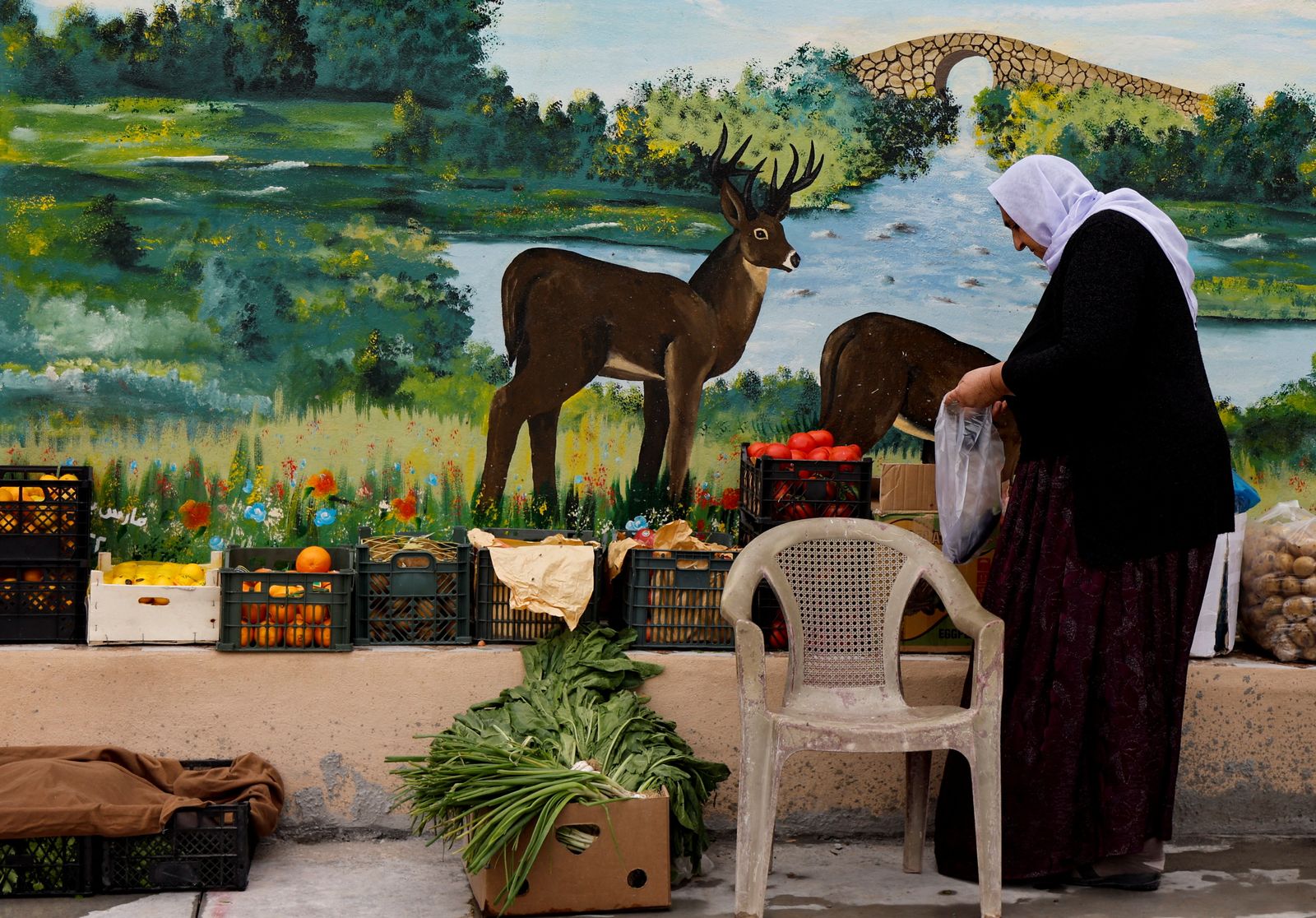 سيدة تتسوق قرب جدارية رسمها الفنان العراقي فارس بيباني في الموصل- 24 نوفمبر 2022 - REUTERS