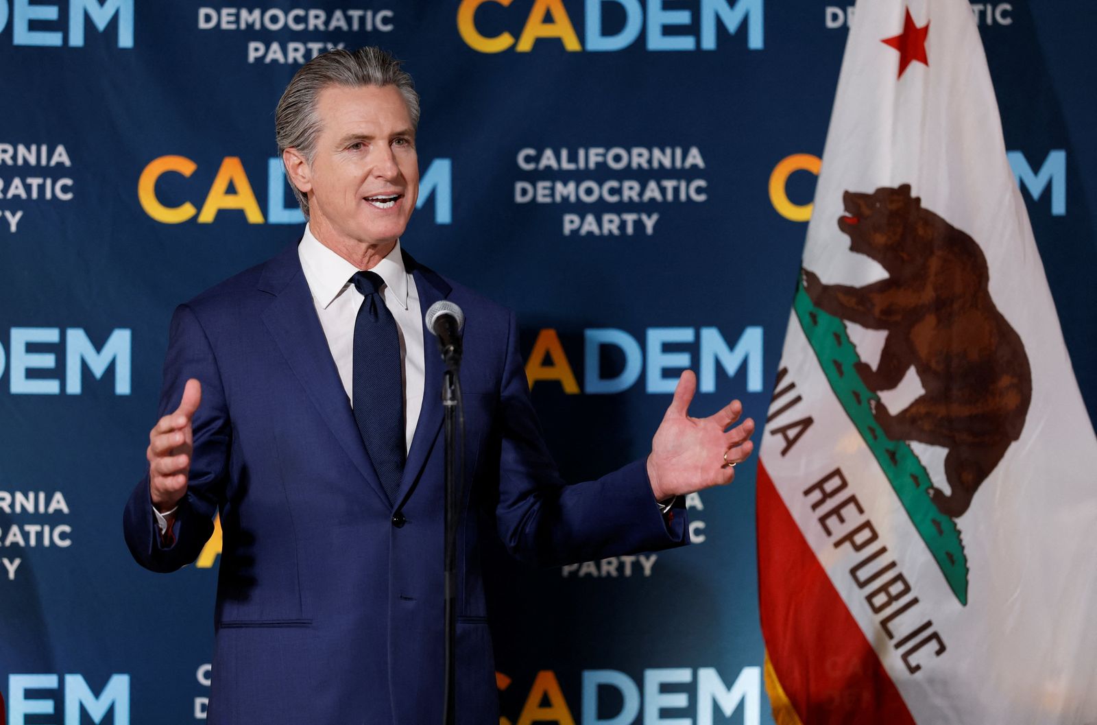 California's Governor Gavin Newsom speaks after California's special election on Proposition 50, a measure that would temporarily redraw congressional districts, at the California Democratic Party Headquarters in Sacramento, California, U.S., November 4, 2025. REUTERS/Fred Greaves