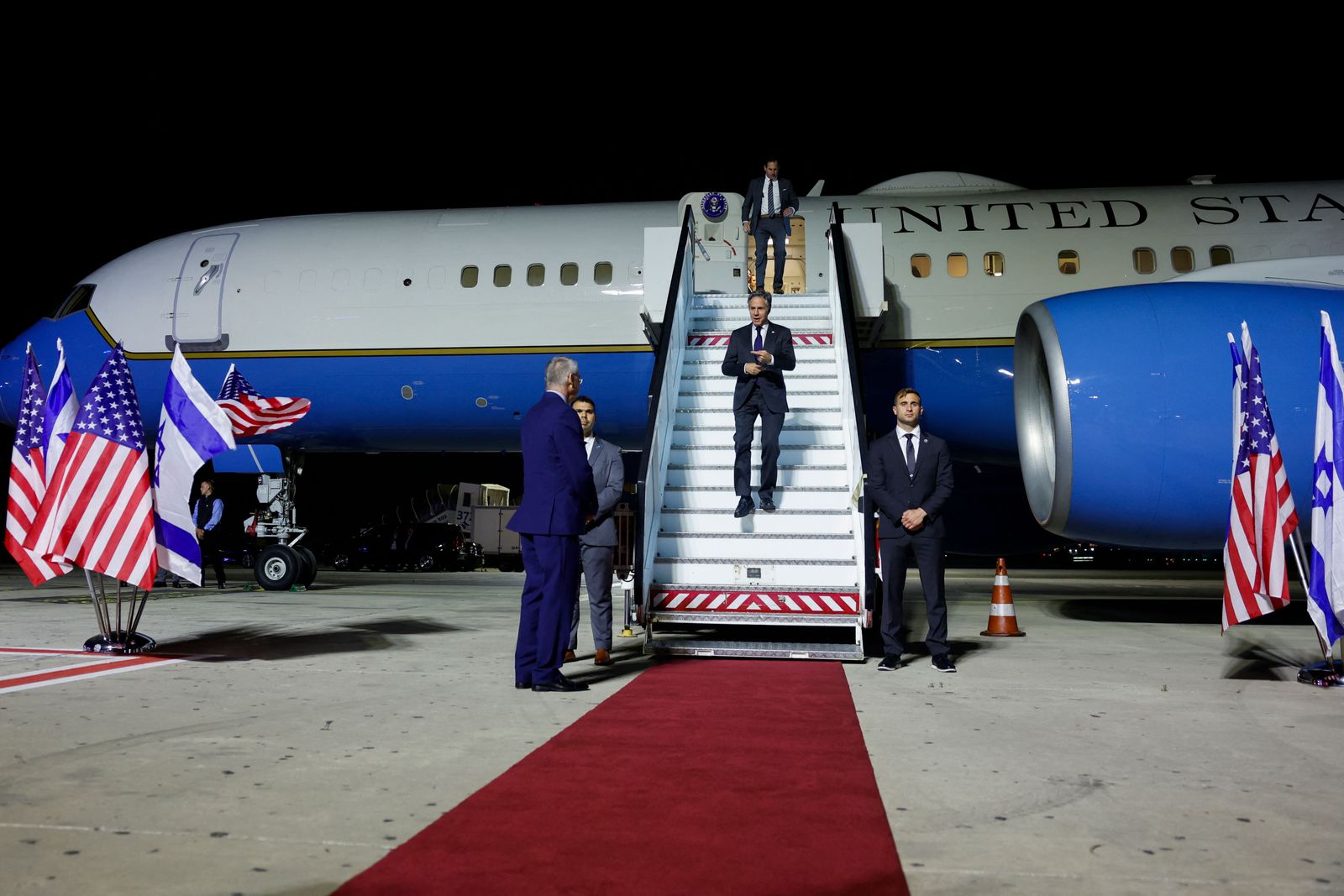 US Secretary of State Antony Blinken disembarks from his plane upon landing at Ben Gurion airport near Tel Aviv on April 30, 2024. Blinken, who is on regional tour, arrived in Israel on April 30 to push for a much awaited ceasefire between Israeli forces and Hamas militants in Gaza. (Photo by Evelyn Hockstein / POOL / AFP)