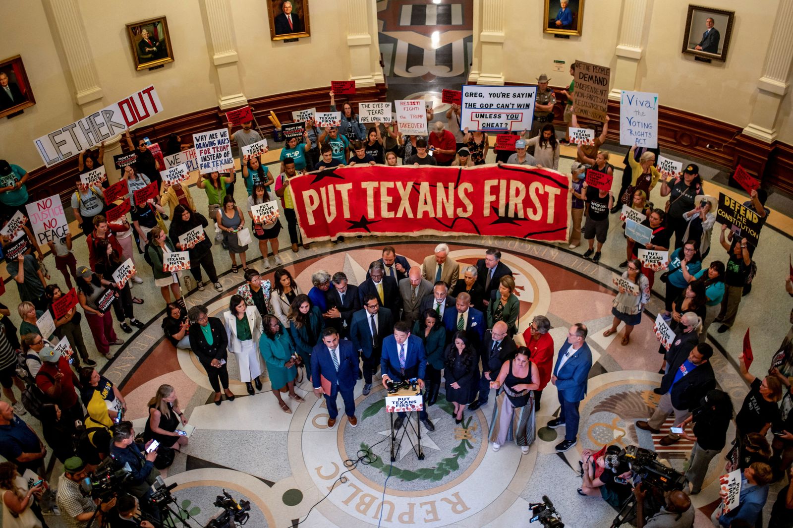 Democratic Texas Representative Gene Wu speaks during a press conference after the passing of H.B. 4, during a session in which Democratic lawmakers, who had left the state to prevent Republicans from redrawing Texas's 38 congressional districts, returned to the Texas State Capitol in Austin, Texas, U.S., August 20, 2025. REUTERS/Sergio Flores       TPX IMAGES OF THE DAY