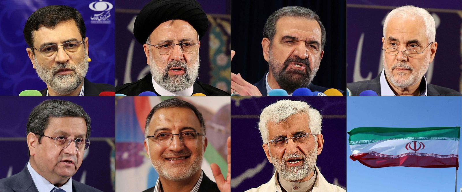 (COMBO) This combination of pictures created on May 26, 2021 shows from top L to R: Iranian presidential candidate Amirhossein Ghazizadeh-Hashemi addressing a press conference in Tehran the same day, Iranian judiciary chief Ebrahim Raisi delivering a speech after registering his candidacy for Iran's presidential elections in Tehran on May 15, Irannian former chief of the Revolutionary Guards Mohsen Rezai, former Iranian vice president Mohsen Mehralizadeh, the head of Iran's Central Bank Naser Hemati (Hemmati), conservative presidential candidate, Alireza Zakani, former top nuclear negotiator Saeed Jalili earlier this month and the national flag of the Islamic republic in a picture taken on February 11, 2020 during commemorations marking 41 years since the Islamic Revolution. - Iran approved this week seven hopefuls to run in next month's presidential poll, with judiciary chief Ebrahim Raisi among the mainly ultraconservative candidates, while heavyweights Mahmoud Ahmadinejad and Ali Larijani were barred. (Photos by ATTA KENARE / AFP) - AFP