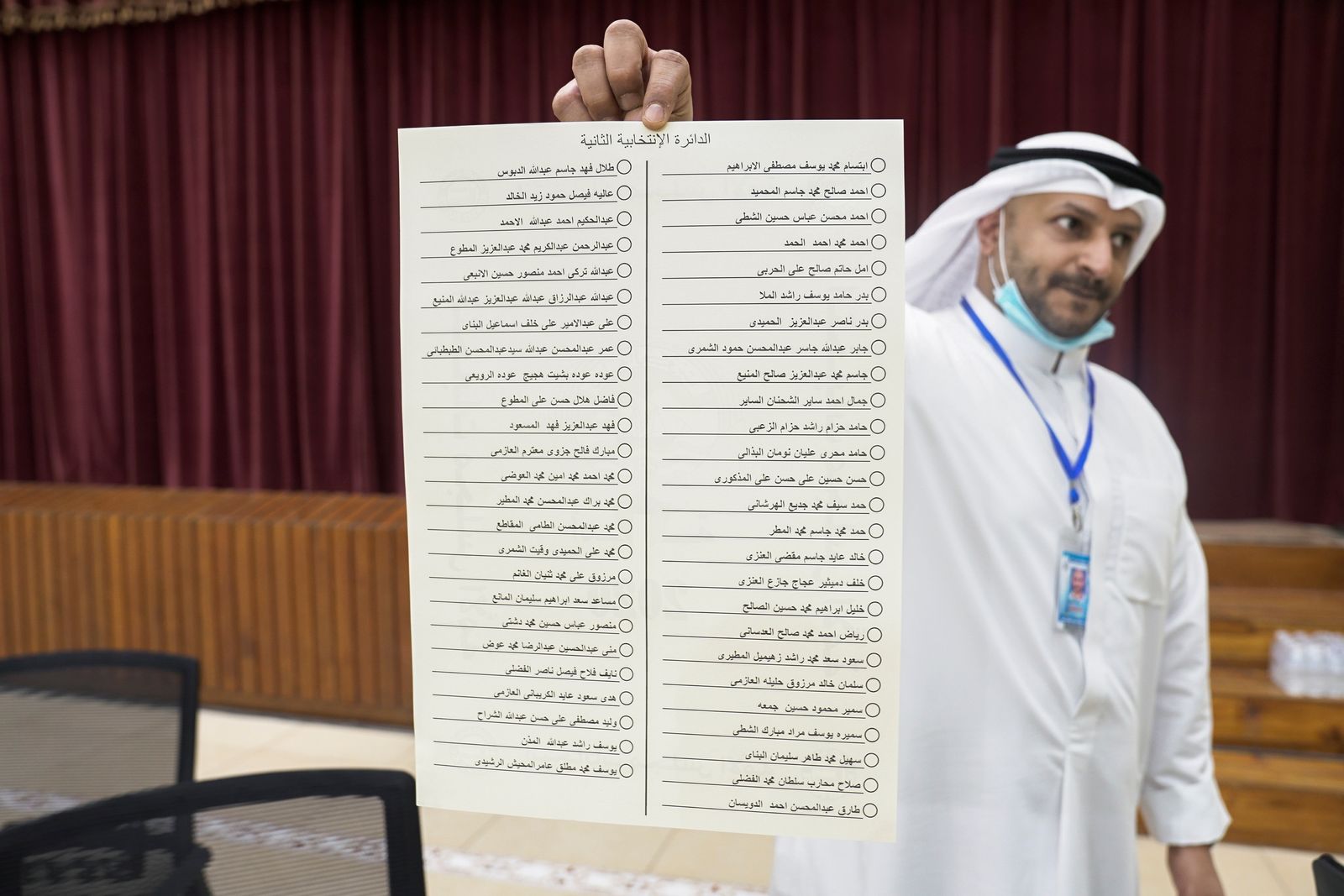 مسؤول كويتي يرفع قائمة بأسماء مرشحي الدائرة الثانية في انتخابات مجلس الأمة داخل أحد مراكز الاقتراع- 5 ديسمبر 2020 - REUTERS