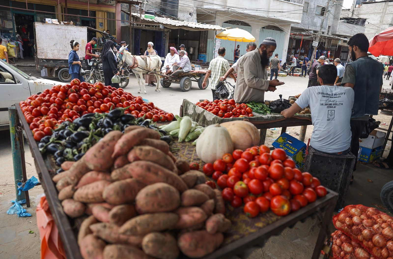 Palestinians buy fresh produce from street stalls in Rafah town in the southern Gaza Strip, as a truce with Israel holds following three days of conflict, on August 8, 2022. (Photo by SAID KHATIB / AFP) - AFP