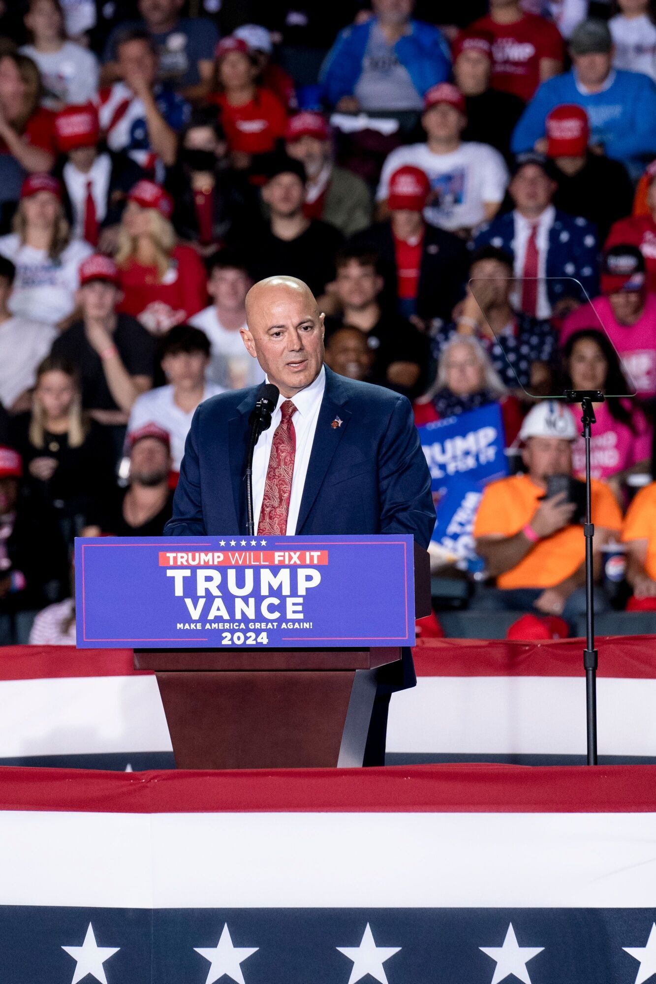 Bill Bazzi, mayor of Dearborn Heights, Michigan, speaks during the closing campaign event with former US President Donald Trump, not pictured, at Van Andel Arena in Grand Rapids, Michigan, US, on Monday, Nov. 4, 2024. Kamala Harris and Donald Trump are separated by the narrowest of margins in polls, which show Tuesday's election is a coin flip, and by a chasm in their future vision for the world's premier economic and military power. Photographer: Sarah Rice/Bloomberg