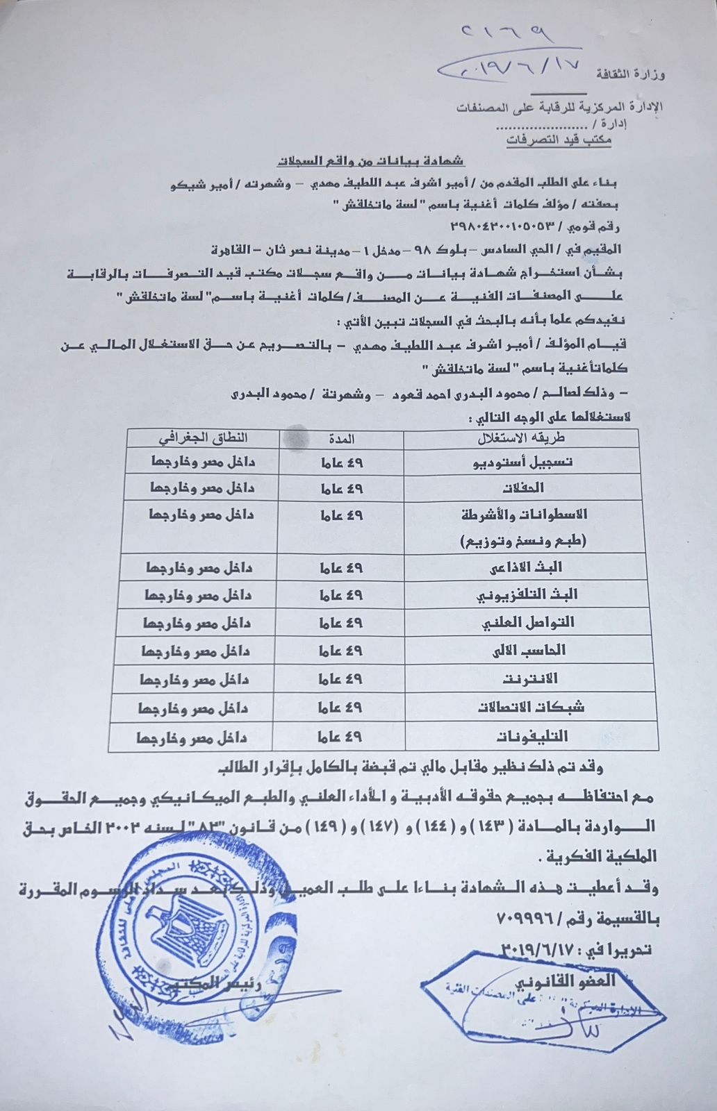 مشتند من جهاز الرقابة على المصنفات الفنية يشير لحقوق أغنية 