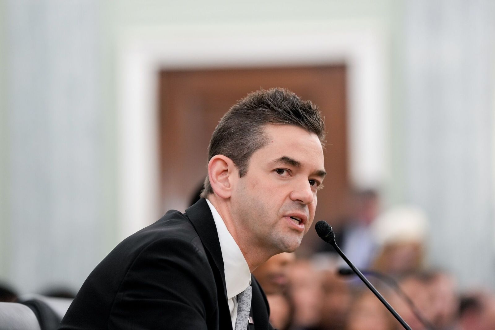 Jared Isaacman, administrator of the National Aeronautics and Space Administration (NASA) nominee for US President Donald Trump, during a Senate Commerce, Science, and Transportation Committee confirmation hearing in Washington, DC, US, on Wednesday, April 9, 2025. President Donald Trump's nominee to run NASA will tell US senators the agency's priority will be to send US astronauts to Mars, while promoting a thriving space economy in orbit. Photographer: Kent Nishimura/Bloomberg