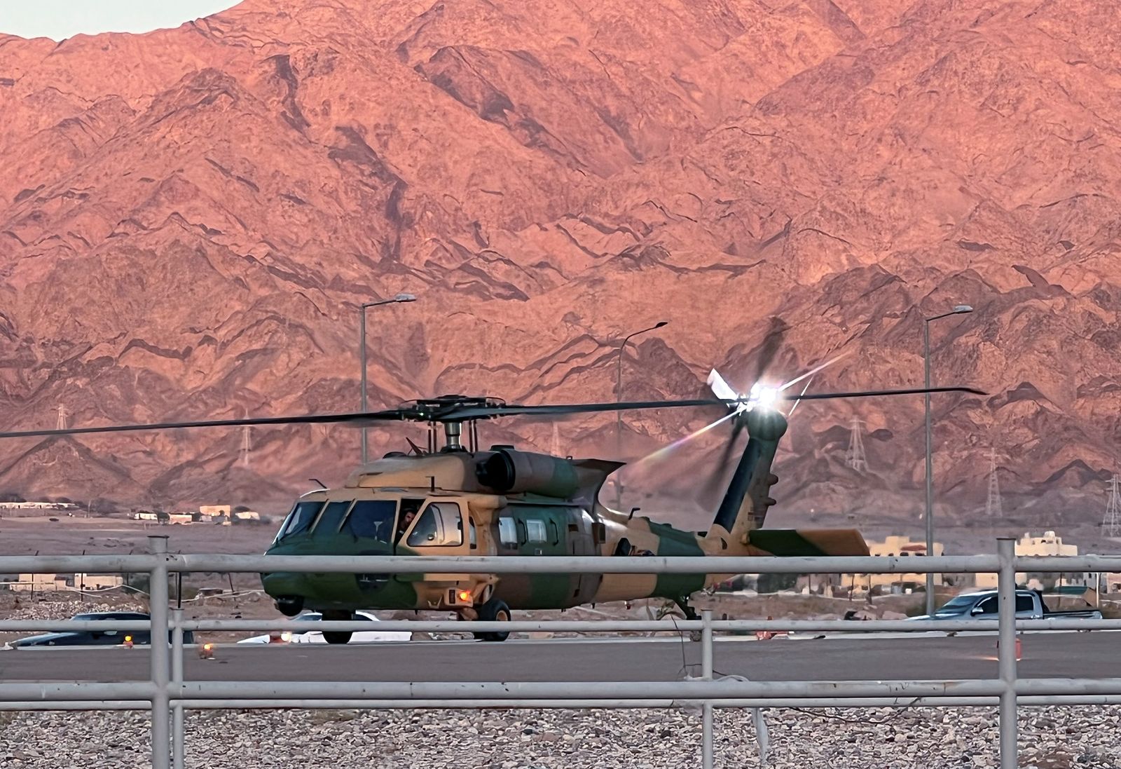 A military helicopter is pictured near a hospital after toxic gas leak from a storage tank in Jordan's Aqaba port - REUTERS